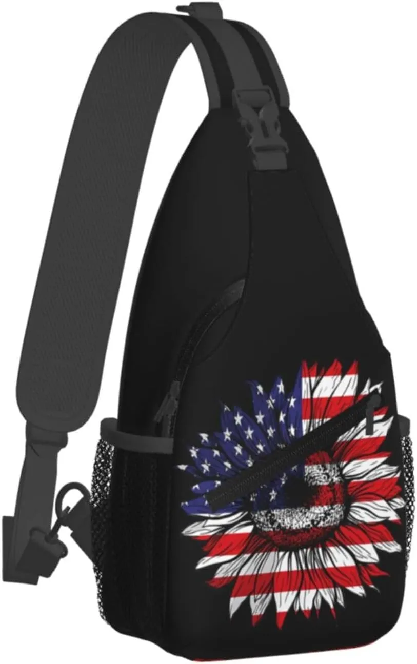 Sunflower American Flag Patriotic Sling Bag Adjustable Chest Bags Casual Crossbody Bag Travel Shoulder Backpack