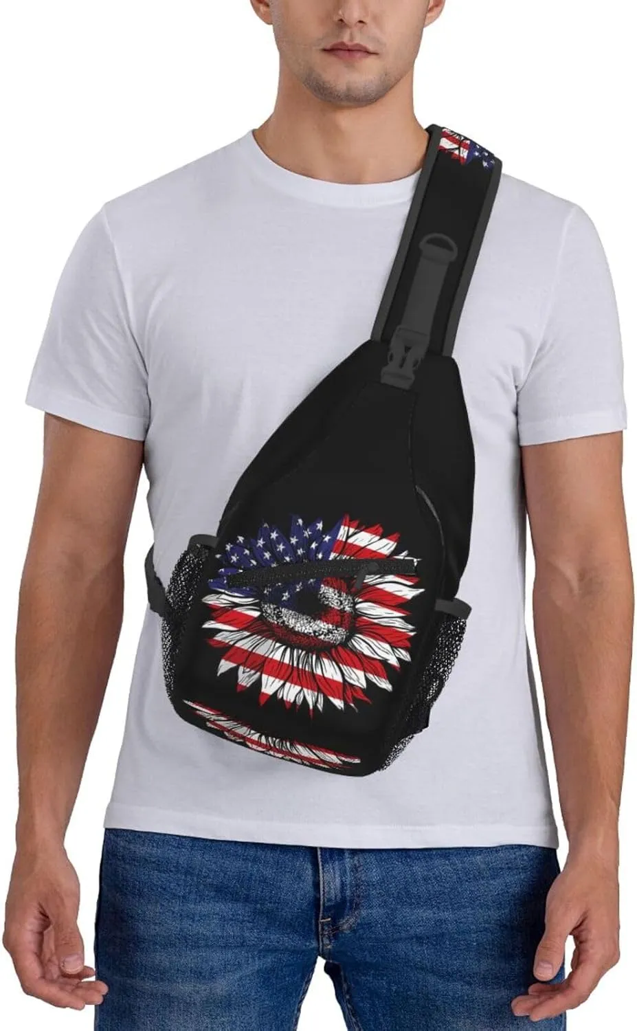 Sunflower American Flag Patriotic Sling Bag Adjustable Chest Bags Casual Crossbody Bag Travel Shoulder Backpack