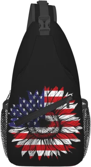 Sunflower American Flag Patriotic Sling Bag Adjustable Chest Bags Casual Crossbody Bag Travel Shoulder Backpack