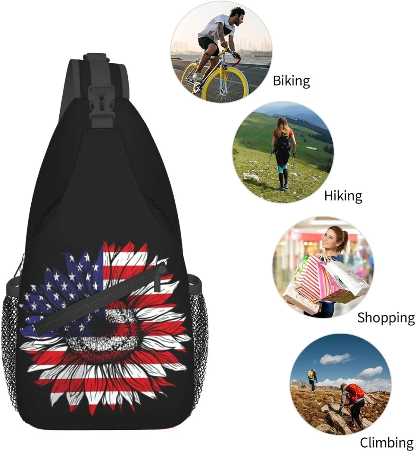 Sunflower American Flag Patriotic Sling Bag Adjustable Chest Bags Casual Crossbody Bag Travel Shoulder Backpack