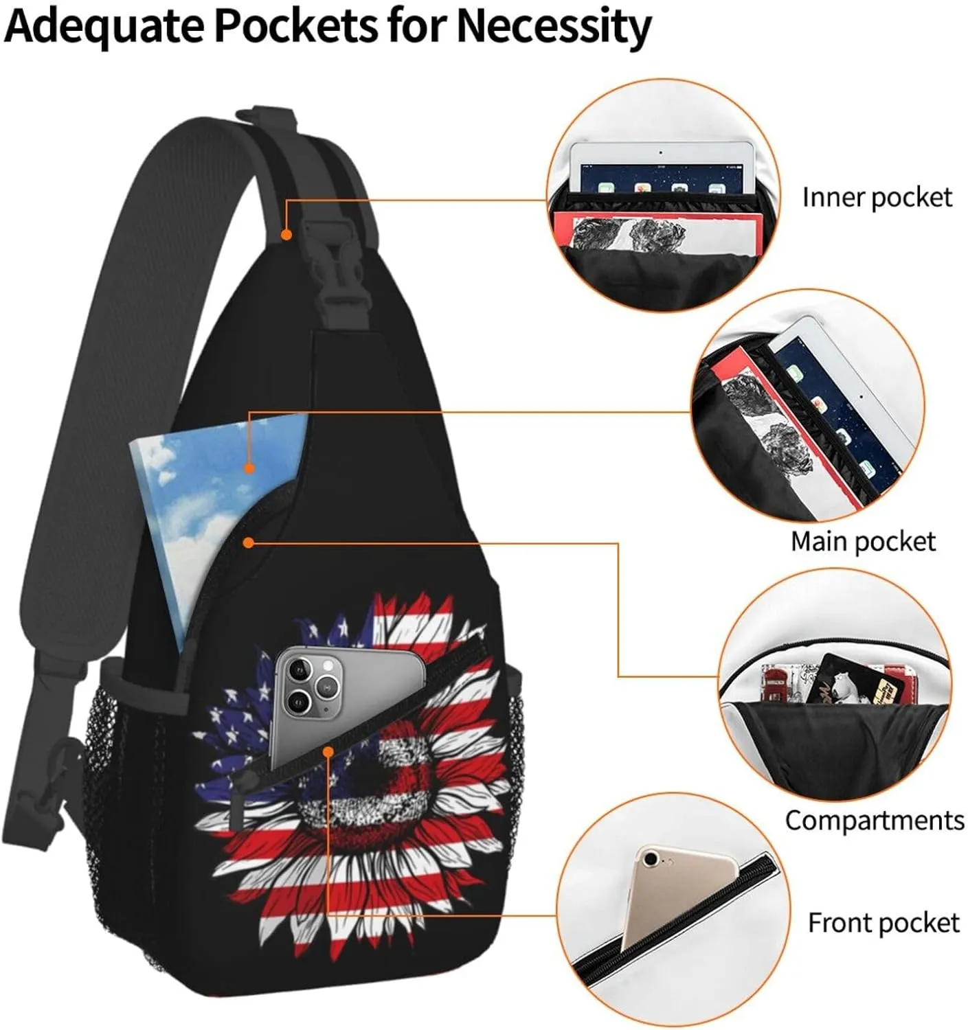 Sunflower American Flag Patriotic Sling Bag Adjustable Chest Bags Casual Crossbody Bag Travel Shoulder Backpack
