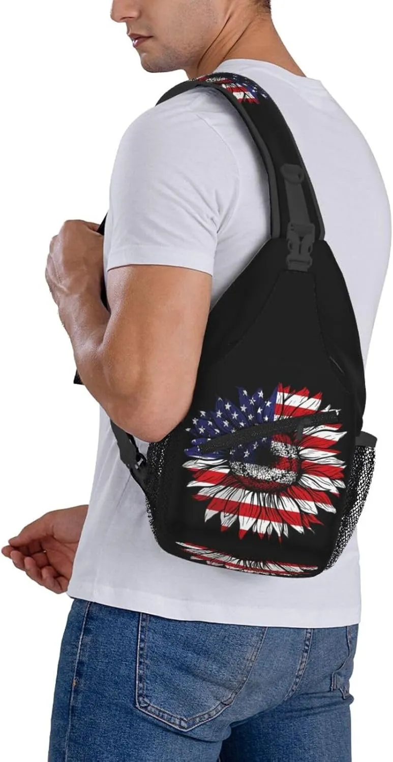 Sunflower American Flag Patriotic Sling Bag Adjustable Chest Bags Casual Crossbody Bag Travel Shoulder Backpack