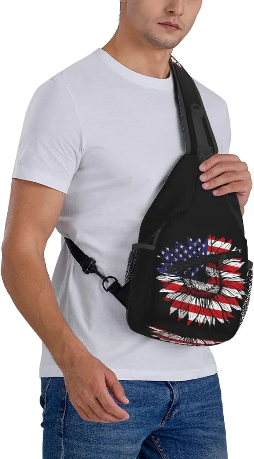 Sunflower American Flag Patriotic Sling Bag Adjustable Chest Bags Casual Crossbody Bag Travel Shoulder Backpack