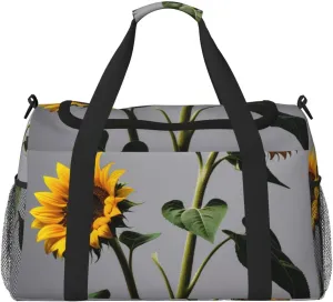 Sunflower Blooming Flowers Plants Black and Yellow Print Travel Duffle Bag - Foldable Personal Item Travel Bag for Women & Men,Carry-On Convertible Crossbody Tote Bags 13x10.2x19.7 in