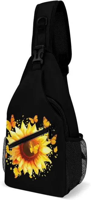 Sunflower with Yellow Butterflies Casual Sling Bag Backpack Travel Shoulder Chest Crossbody Bags Adjustable Daypack Unisex