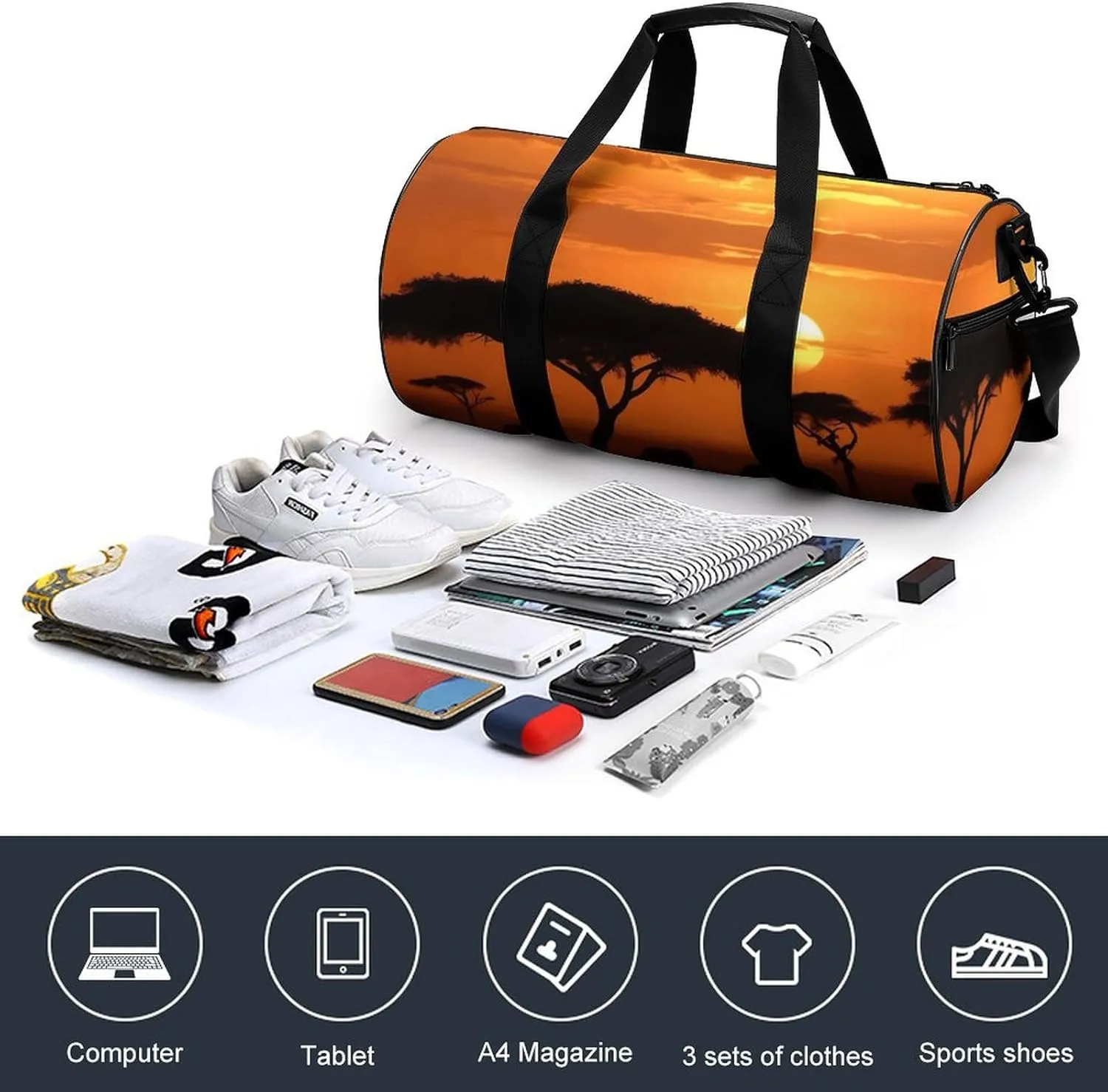 Sunset African Savanna Gym Bag Small Travel Duffle Bag with Compartment Carry On Weekender Bag for Women Men