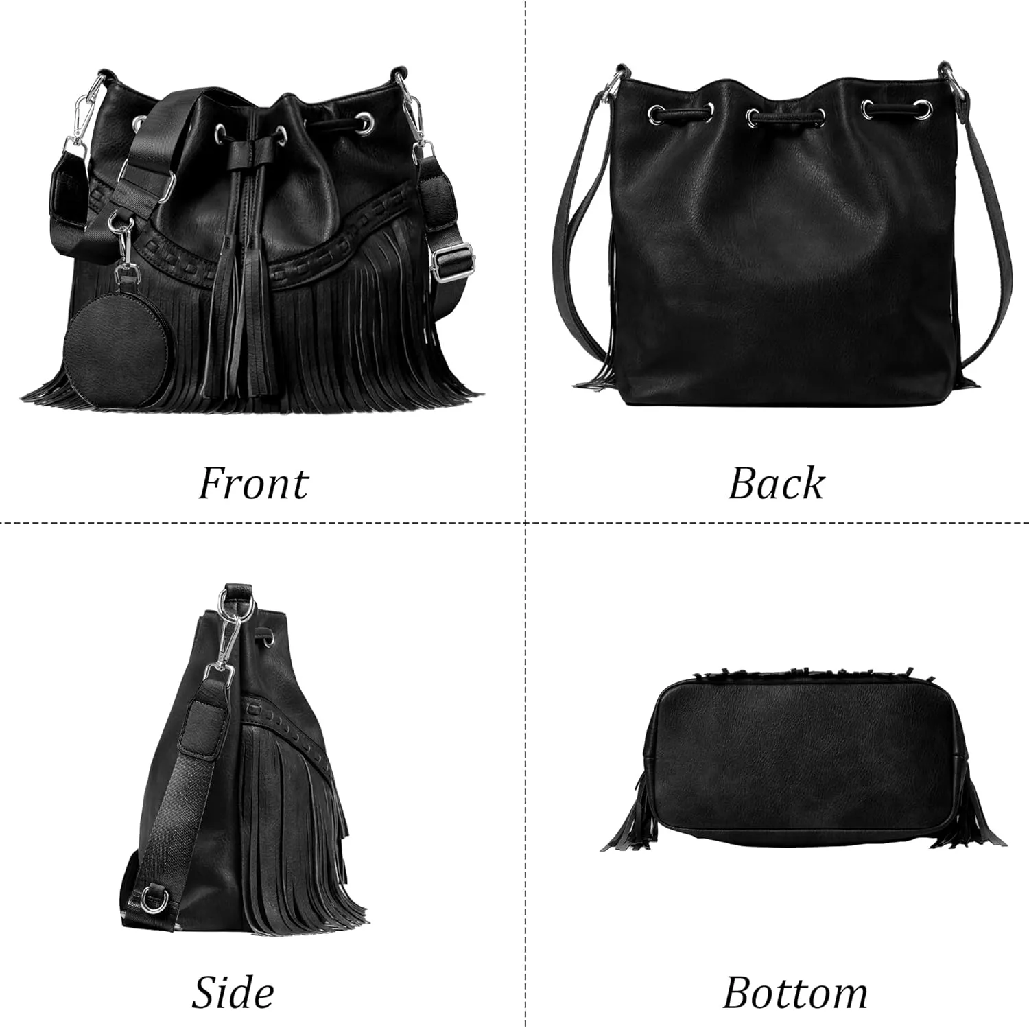 Sunwel Fashion Women Bucket Fringe Hobo Bag Western Purse Vegan Leather Tassel Hippie Shoulder Crossbody Bag
