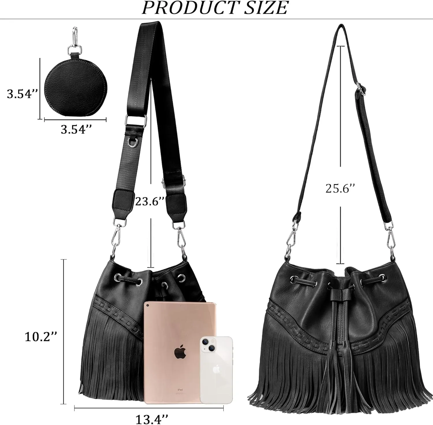 Sunwel Fashion Women Bucket Fringe Hobo Bag Western Purse Vegan Leather Tassel Hippie Shoulder Crossbody Bag