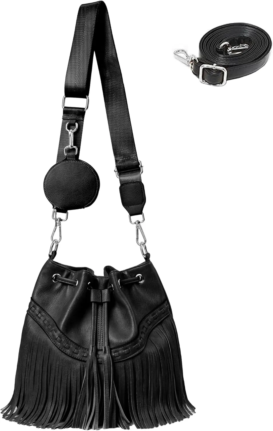 Sunwel Fashion Women Bucket Fringe Hobo Bag Western Purse Vegan Leather Tassel Hippie Shoulder Crossbody Bag