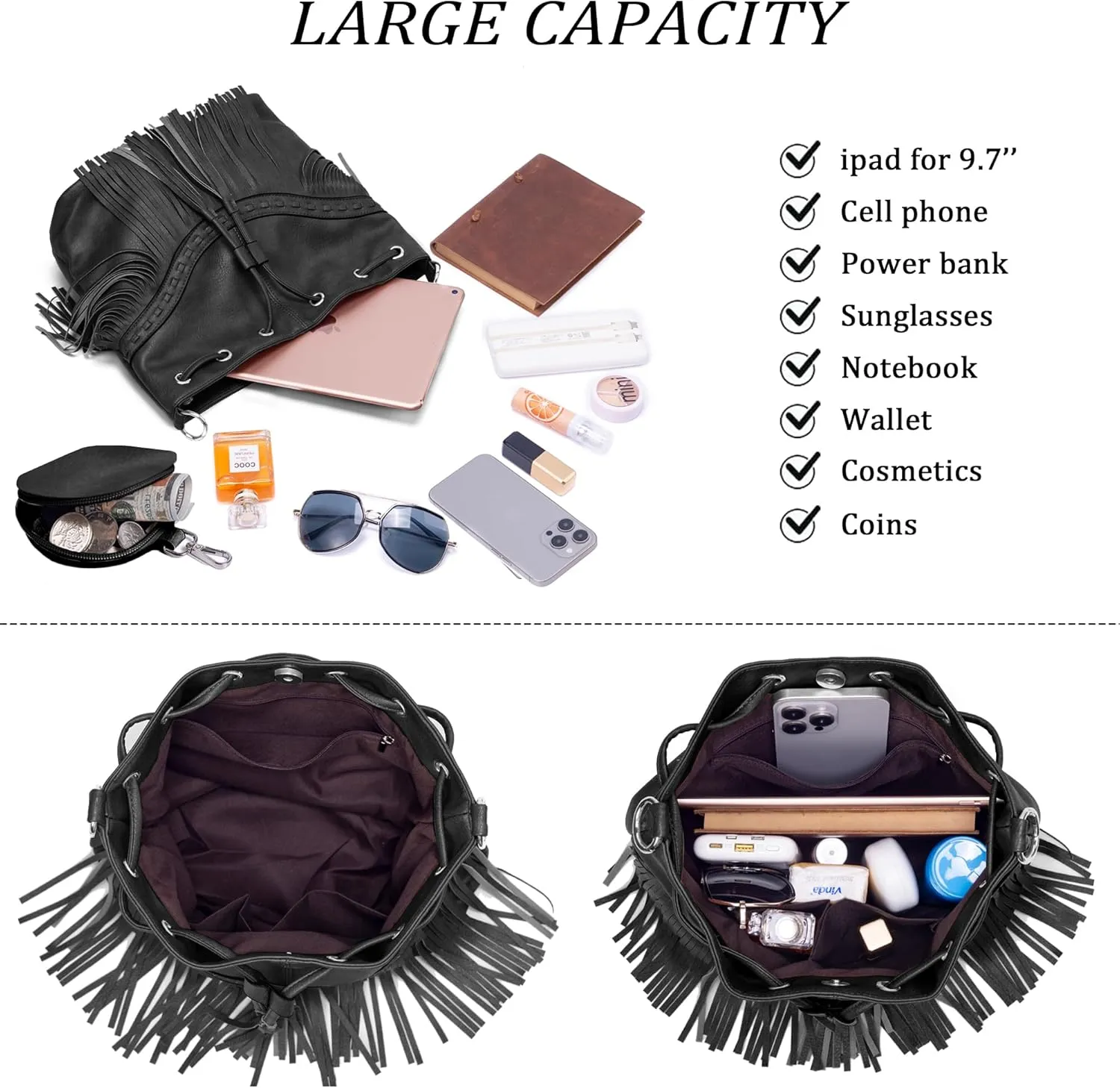 Sunwel Fashion Women Bucket Fringe Hobo Bag Western Purse Vegan Leather Tassel Hippie Shoulder Crossbody Bag