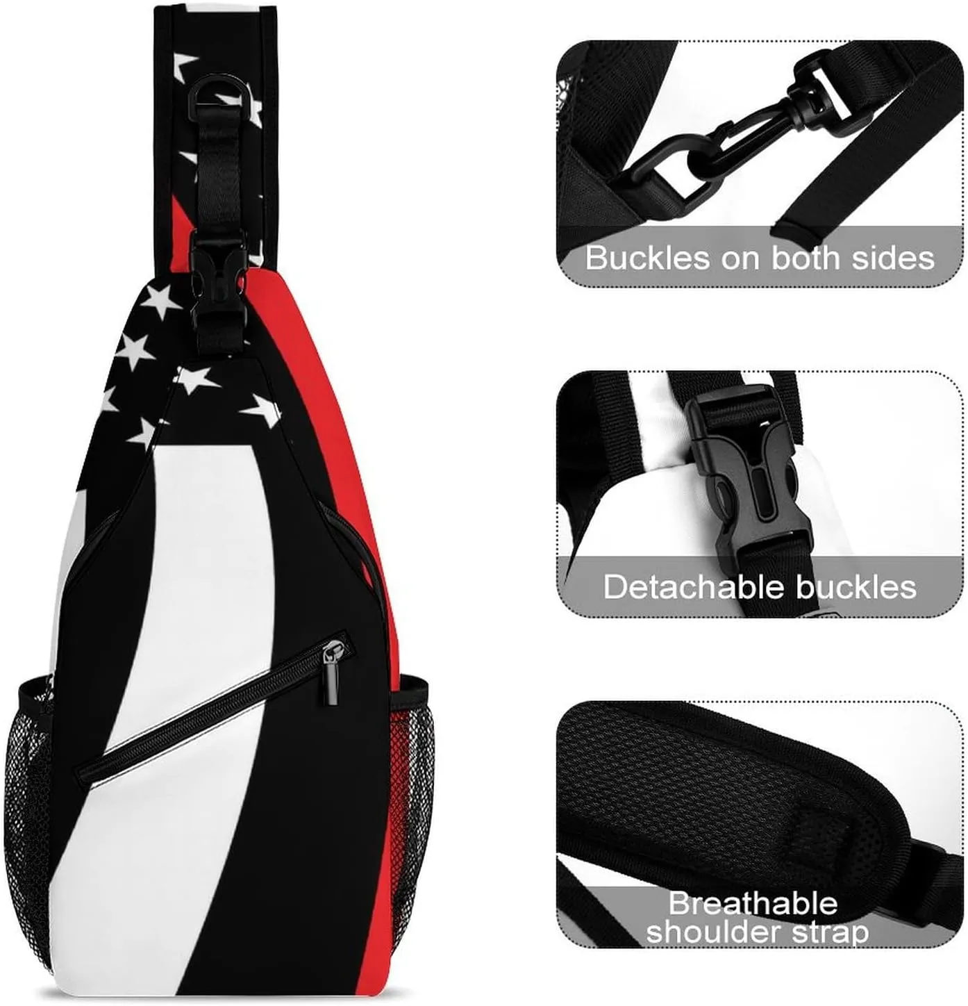 Supdreamc Men's Sling Backpack Packable Compact Crossbody Rucksack - American Thin Red Line Flag Pattern Multipurpose Anti-Theft Rucksack Camera Case With Adjustable Shoulder Strap