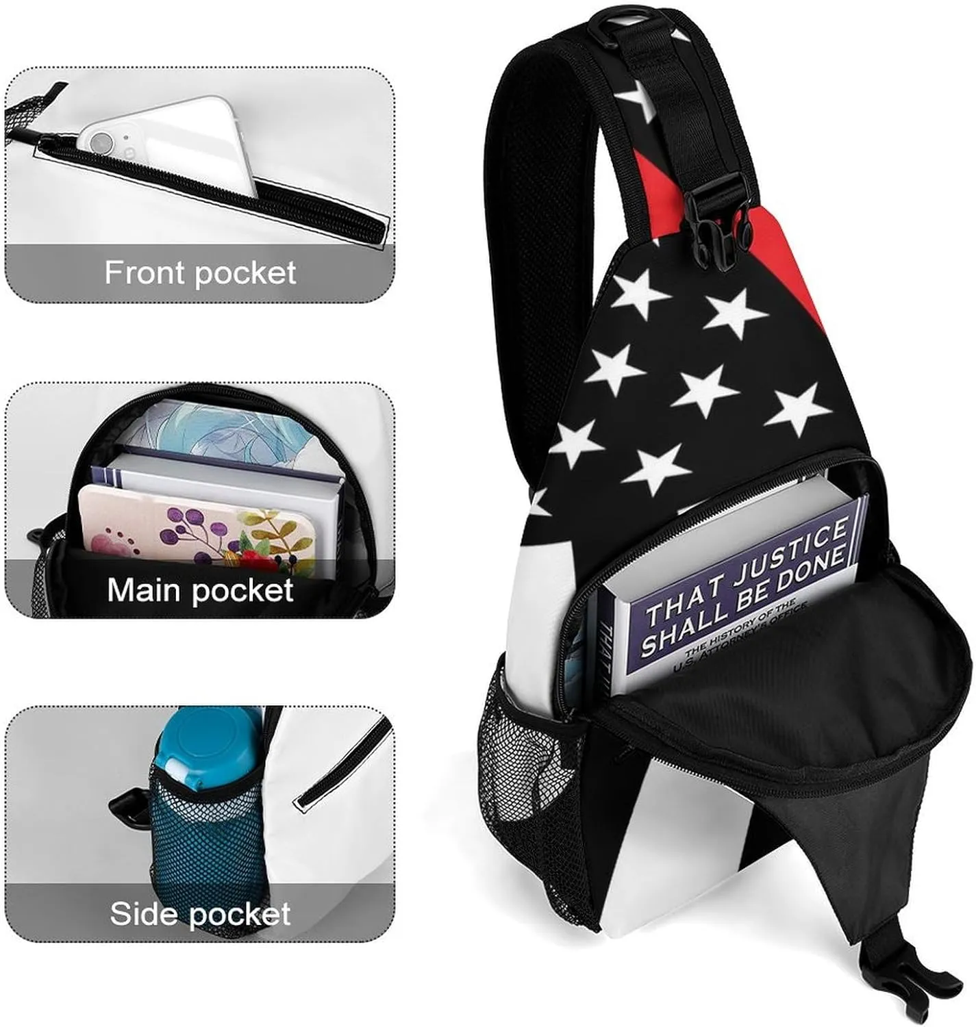 Supdreamc Men's Sling Backpack Packable Compact Crossbody Rucksack - American Thin Red Line Flag Pattern Multipurpose Anti-Theft Rucksack Camera Case With Adjustable Shoulder Strap