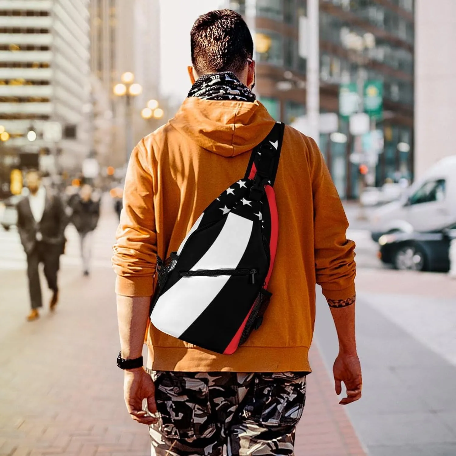 Supdreamc Men's Sling Backpack Packable Compact Crossbody Rucksack - American Thin Red Line Flag Pattern Multipurpose Anti-Theft Rucksack Camera Case With Adjustable Shoulder Strap
