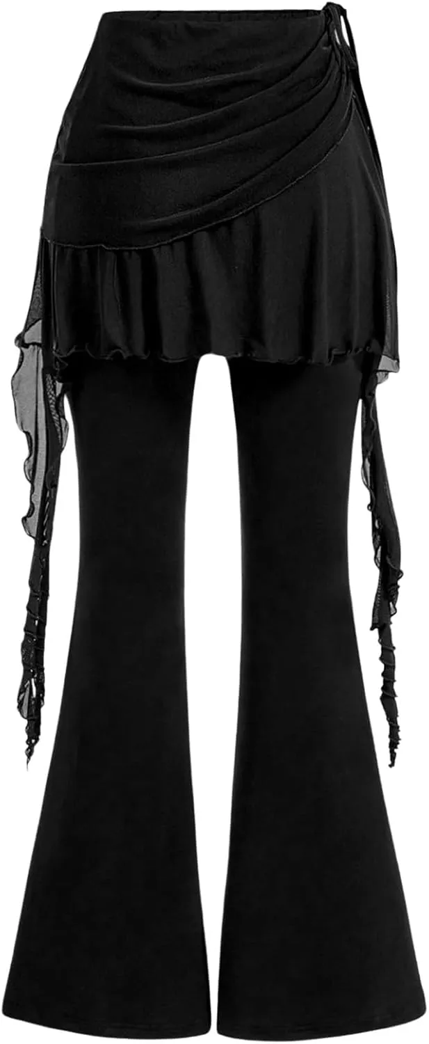 SweatyRocks Women's Y2K Flared Pants Sheer Mesh Skirted Ruched Drawstring Bell Bottoms Asymmetrical Trousers