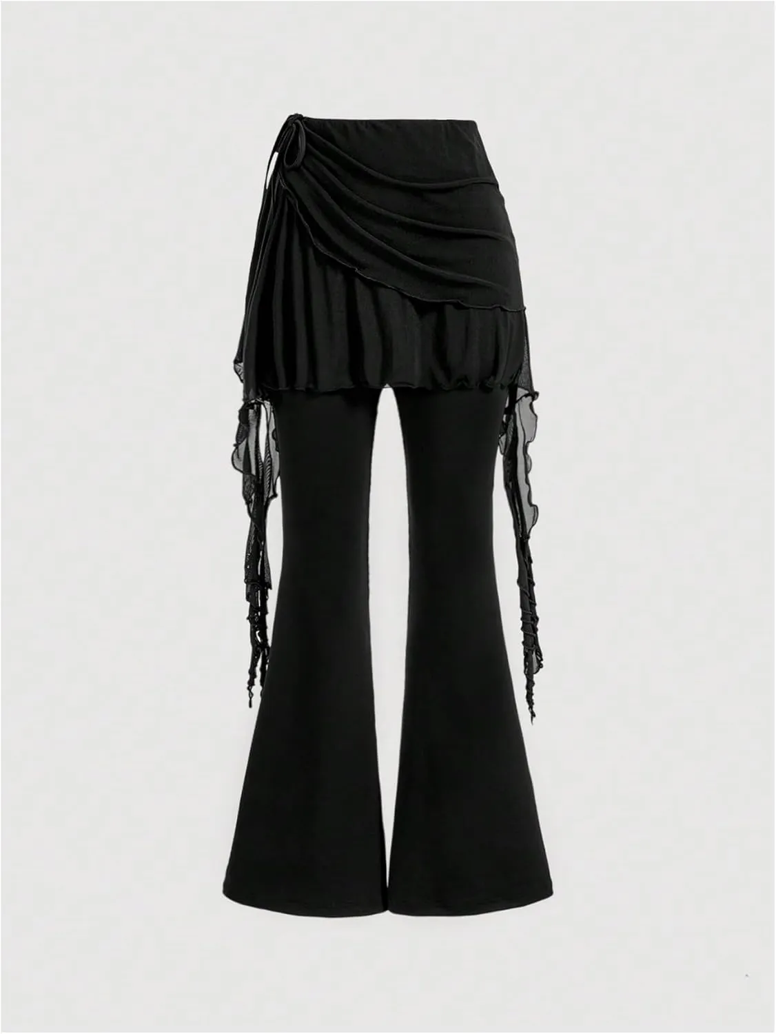 SweatyRocks Women's Y2K Flared Pants Sheer Mesh Skirted Ruched Drawstring Bell Bottoms Asymmetrical Trousers