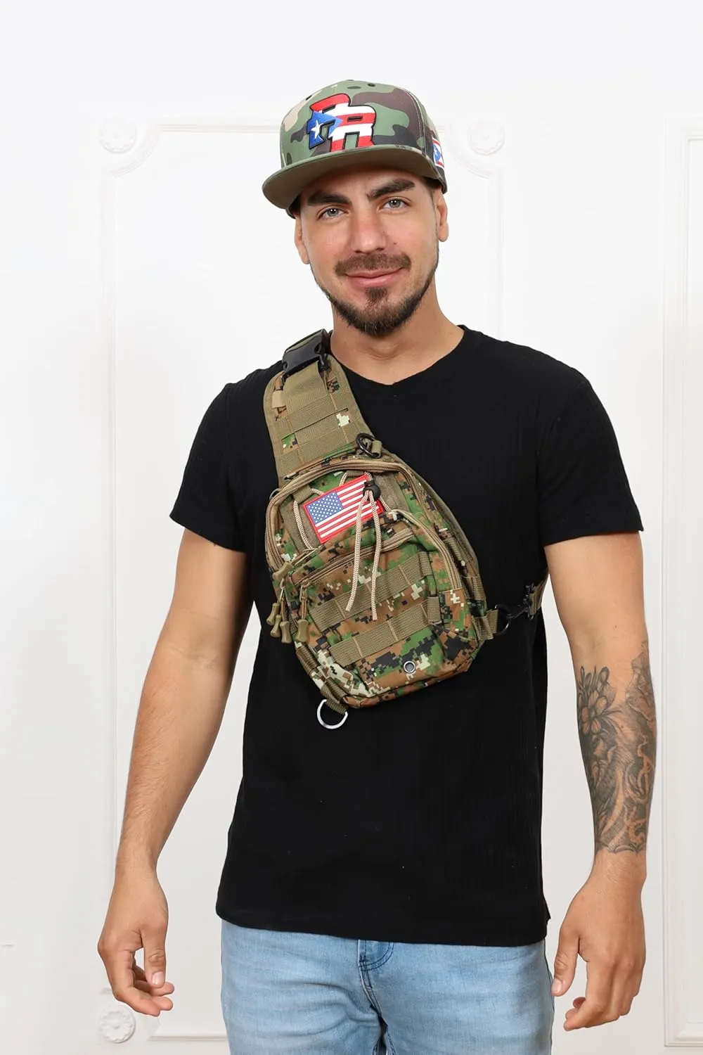 TAINOWEARS Tactical Sling Bag - Durable Polyester Nylon Shoulder Bag for Men, Unisex Adults & Kids, Ideal for Travelers & Students with Multiple Compartments - Banderas Design (Black Puerto Rico)