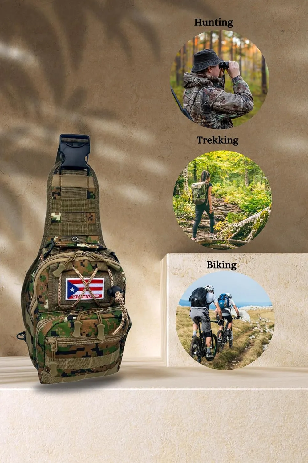 TAINOWEARS Tactical Sling Bag - Durable Polyester Nylon Shoulder Bag for Men, Unisex Adults & Kids, Ideal for Travelers & Students with Multiple Compartments - Banderas Design (Black Puerto Rico)