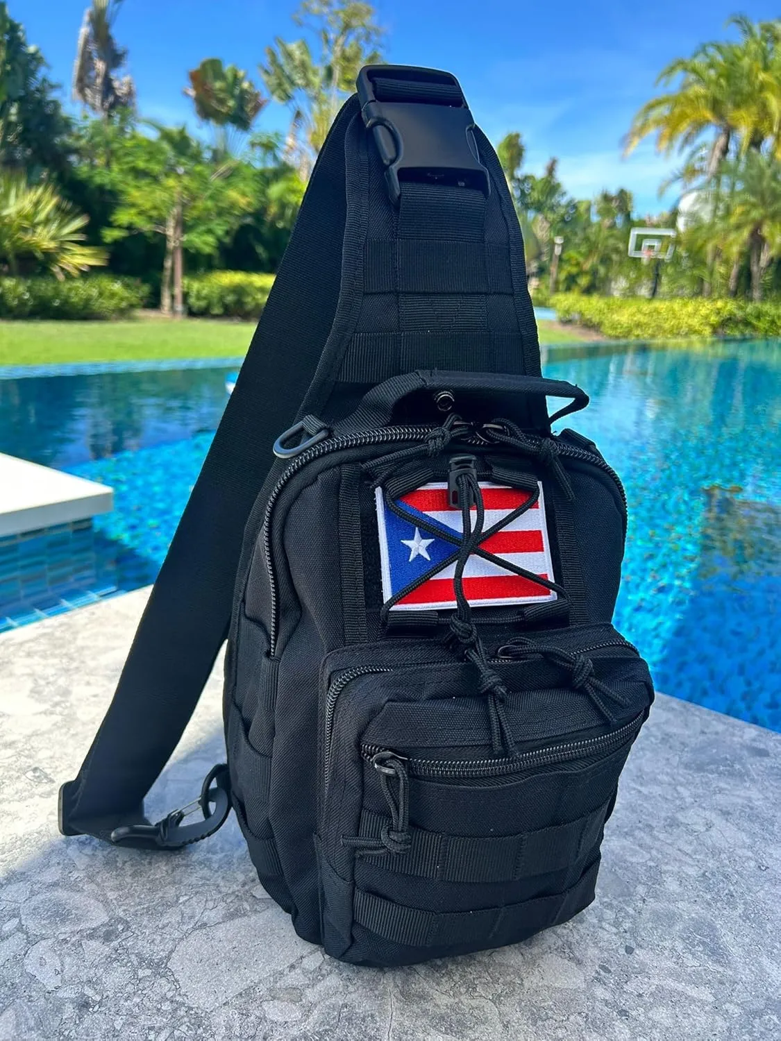 TAINOWEARS Tactical Sling Bag - Durable Polyester Nylon Shoulder Bag for Men, Unisex Adults & Kids, Ideal for Travelers & Students with Multiple Compartments - Banderas Design (Black Puerto Rico)