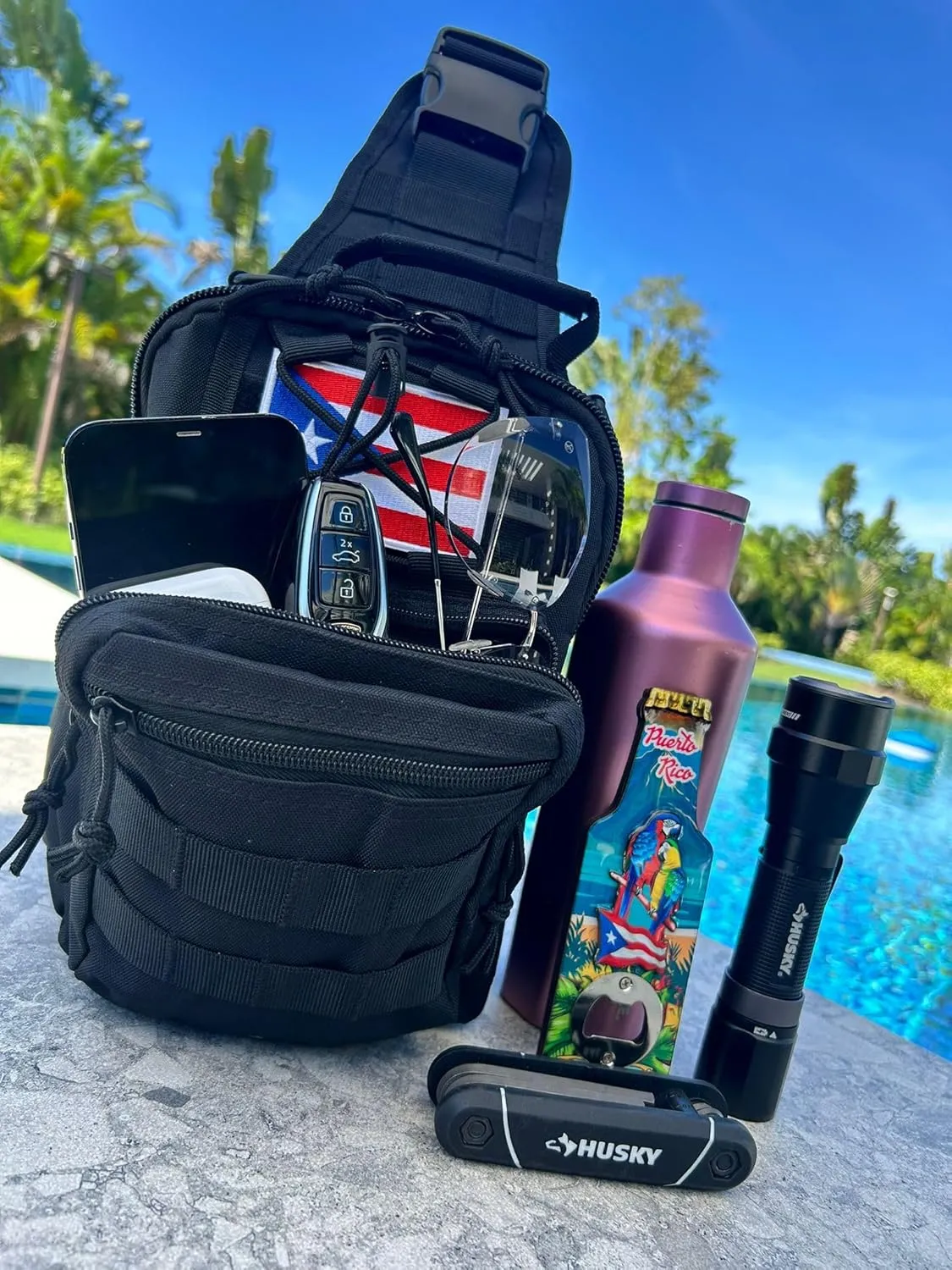 TAINOWEARS Tactical Sling Bag - Durable Polyester Nylon Shoulder Bag for Men, Unisex Adults & Kids, Ideal for Travelers & Students with Multiple Compartments - Banderas Design (Black Puerto Rico)