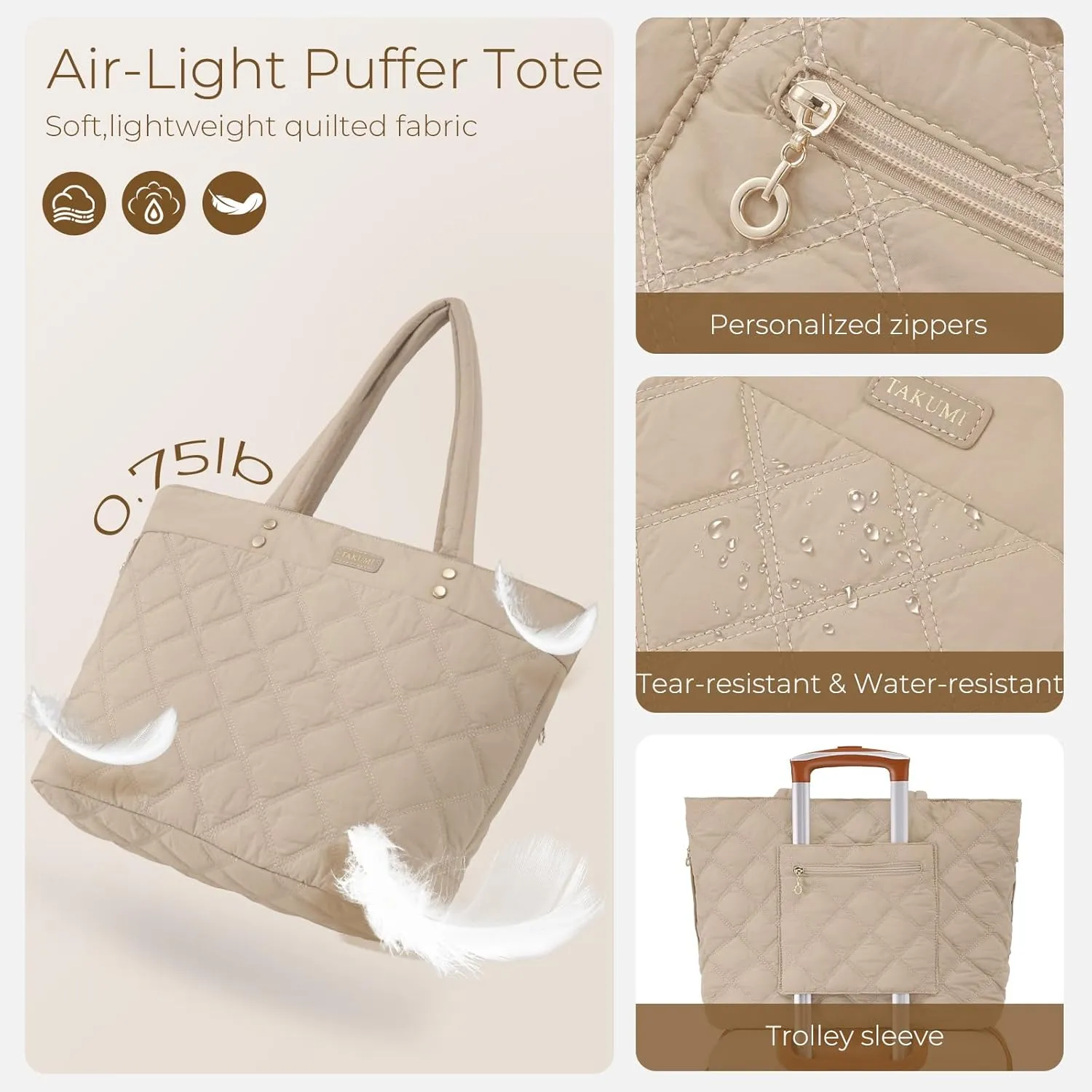 TAKUMI Tote Bag for Women,Lightweight Quilted Puffer Tote Bag with Zippers,Laptop Tote Bag,Purse for Work,Gym,Travel,3pcs