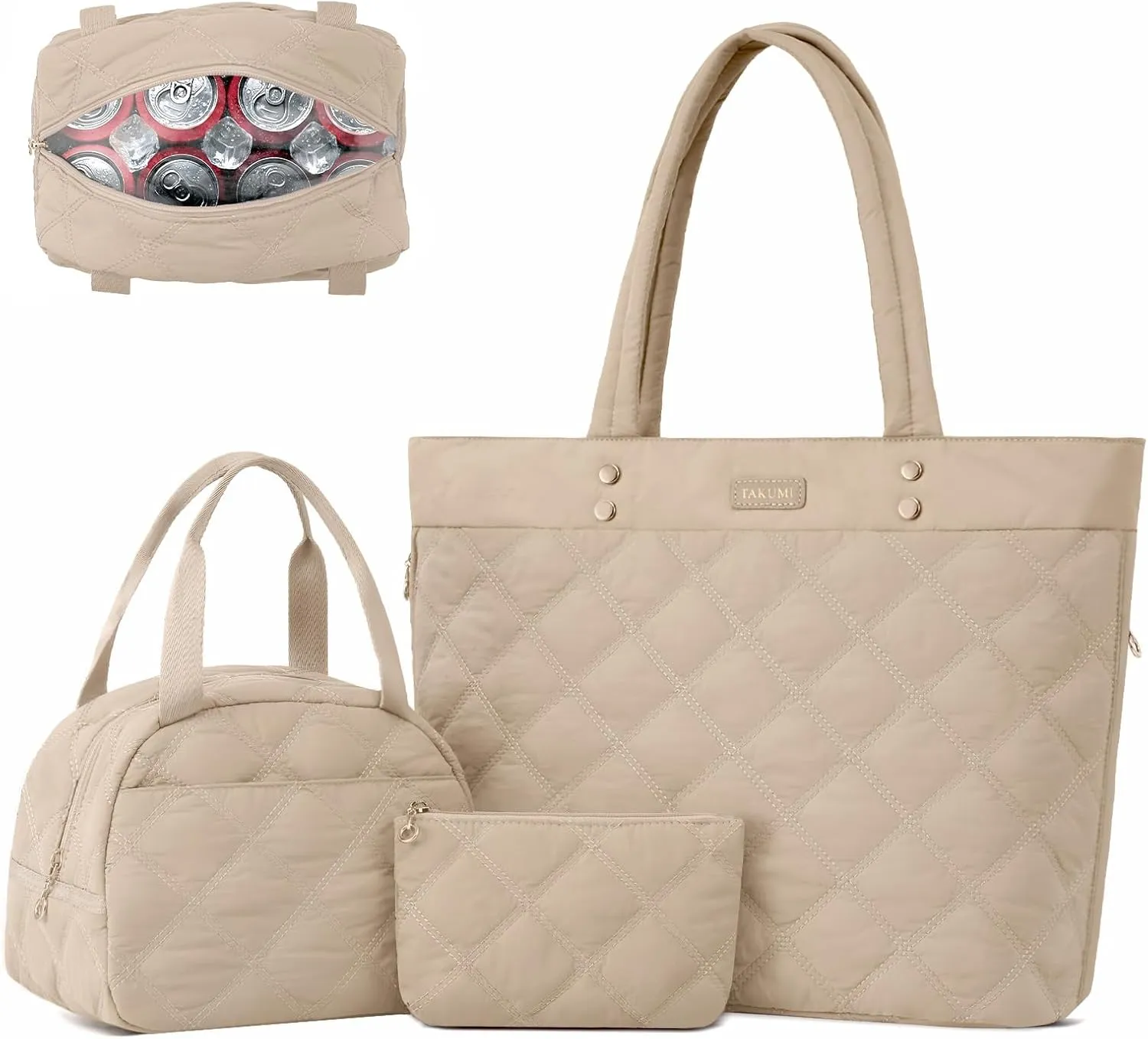 TAKUMI Tote Bag for Women,Lightweight Quilted Puffer Tote Bag with Zippers,Laptop Tote Bag,Purse for Work,Gym,Travel,3pcs