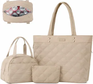 TAKUMI Tote Bag for Women,Lightweight Quilted Puffer Tote Bag with Zippers,Laptop Tote Bag,Purse for Work,Gym,Travel,3pcs
