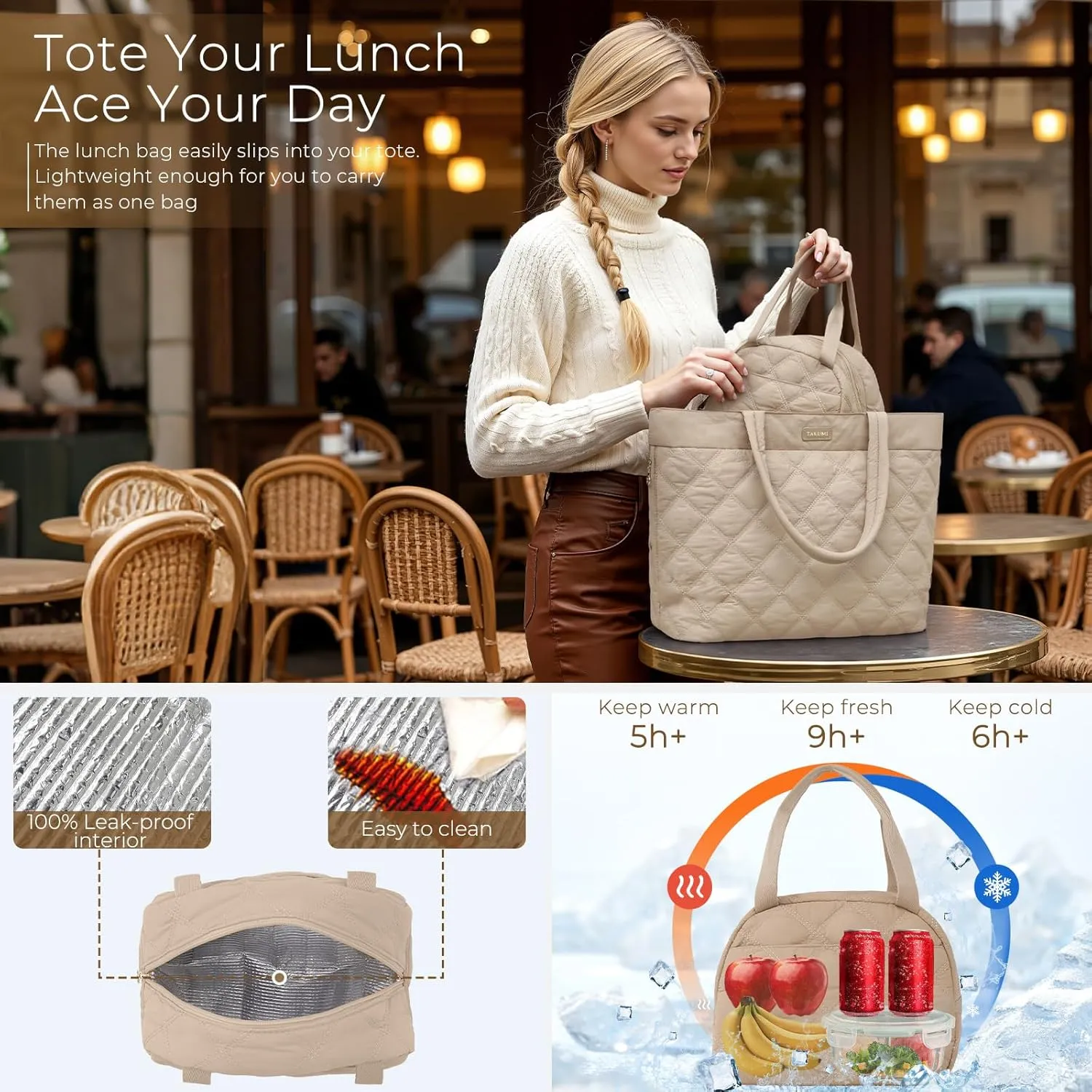 TAKUMI Tote Bag for Women,Lightweight Quilted Puffer Tote Bag with Zippers,Laptop Tote Bag,Purse for Work,Gym,Travel,3pcs