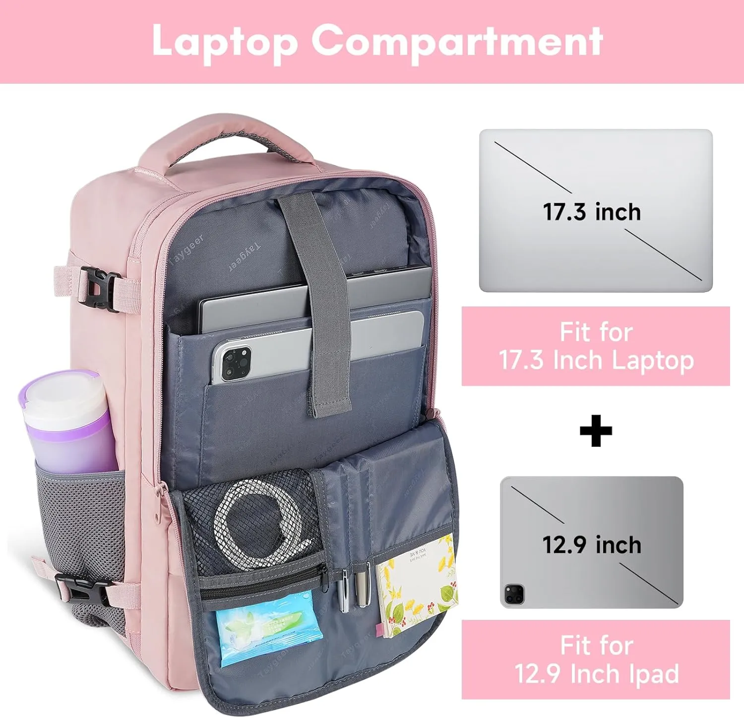 Taygeer Laptop Backpack for Women, Large Travel Backpack with 17.3 inch Laptop Compartment, TSA Friendly 40l Carry On Mochila, Daypack Business Computer Bag for Office Work Travel Essentials, Pink