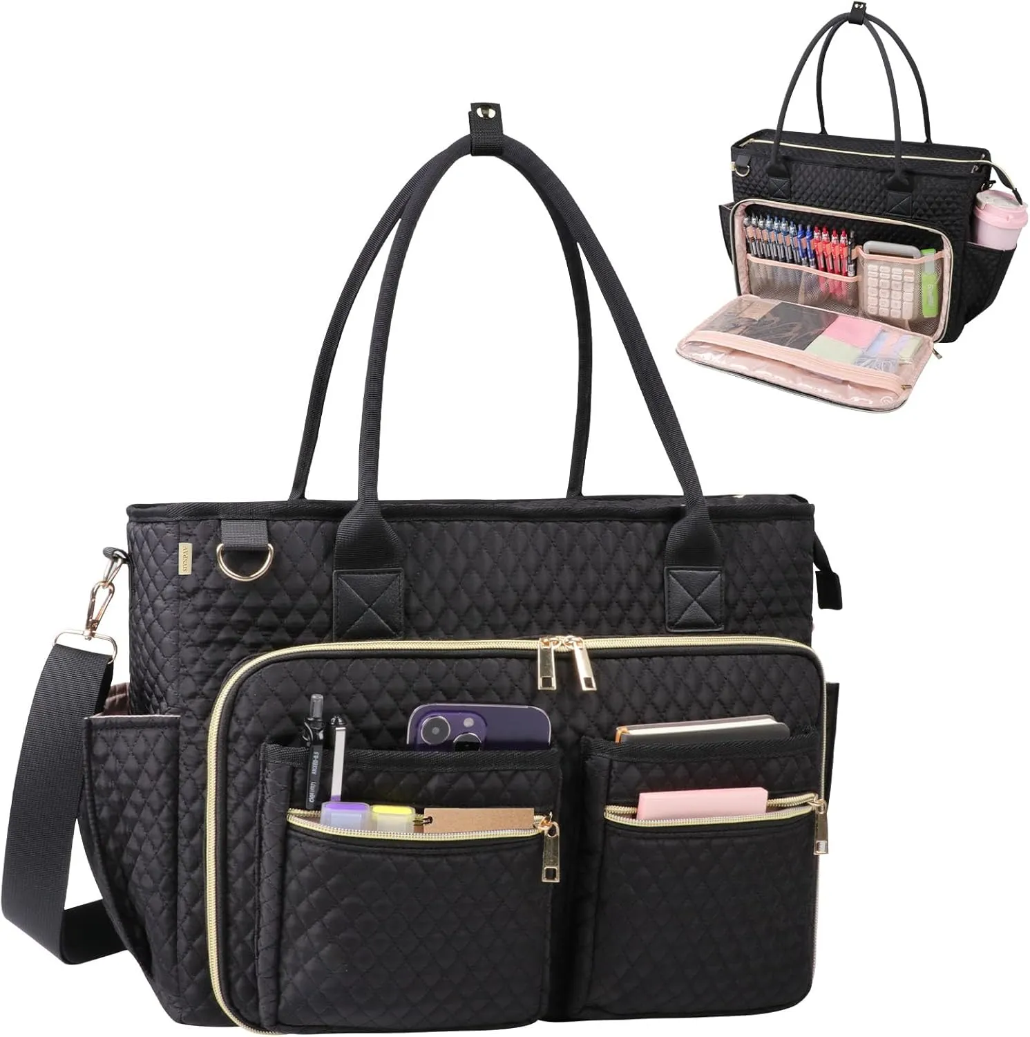 Teacher Tote Bag with 15.6 inch Laptop Compartment, Large Work Tote Bag with Insulated Pocket, Quilted Nylon Teacher Utility Bag with Shoulder Strap for Office Supplies Organizer Women (Black)