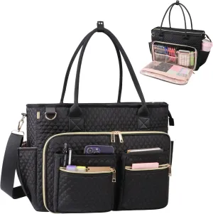 Teacher Tote Bag with 15.6 inch Laptop Compartment, Large Work Tote Bag with Insulated Pocket, Quilted Nylon Teacher Utility Bag with Shoulder Strap for Office Supplies Organizer Women (Black)