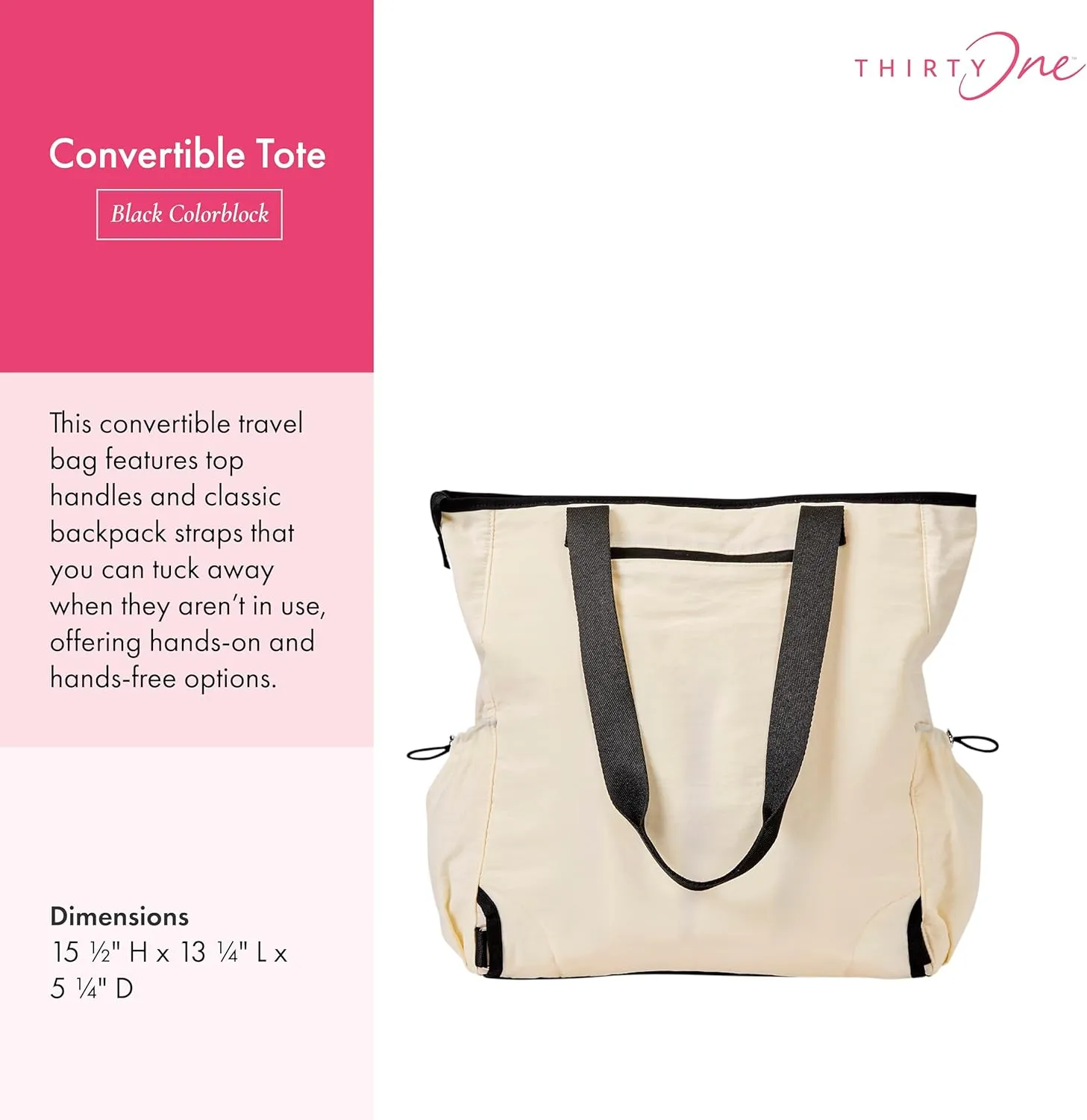THIRTY-ONE Gifts Convertible Tote, Adjustable and Convertible Backpack Tote for Travel or Work