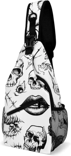Thorn Skulls Roses Patch Eyes Casual Sling Bag Backpack Travel Shoulder Chest Crossbody Bags Adjustable Daypack Unisex