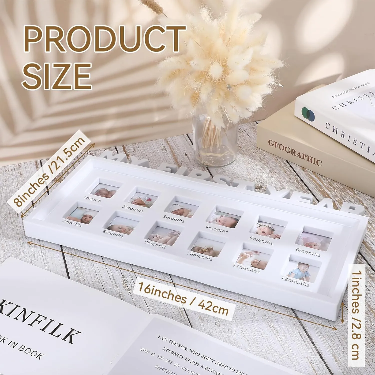 Thyle My First Year Picture Frame Newborn Baby Keepsake Frame First Year Monthly Milestone Picture Frame 12 Months Baby Picture Frames (White)