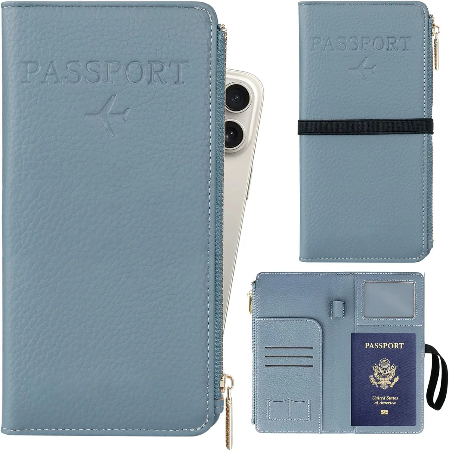 TIGARI Rfid Passport Wallet for Women, Travel Wallet Passport Holder for Travel, Leather Zipper Pocket Card Slots Purses, Travel Document Organizer Waterproof Travel Accessories (Blue)