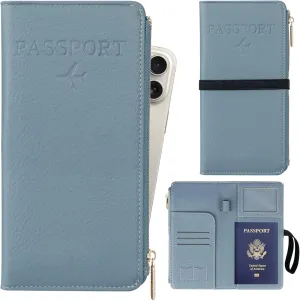 TIGARI Rfid Passport Wallet for Women, Travel Wallet Passport Holder for Travel, Leather Zipper Pocket Card Slots Purses, Travel Document Organizer Waterproof Travel Accessories (Blue)