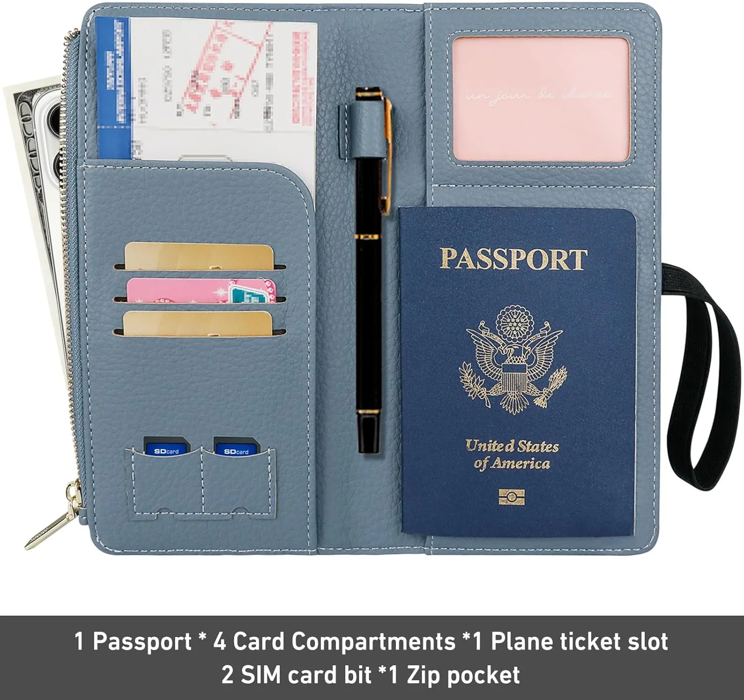 TIGARI Rfid Passport Wallet for Women, Travel Wallet Passport Holder for Travel, Leather Zipper Pocket Card Slots Purses, Travel Document Organizer Waterproof Travel Accessories (Blue)