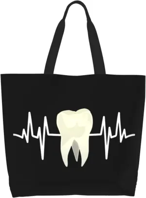 Tooth Heartbeat Dentist Dental Hygienist Hygiene Canvas Tote Bags for Women, Ladies Shoulder Handbags Large Purse Lightweight Foldable Reusable Shopping Bag with Pockets for Work, Travel, 15.7x19.7in