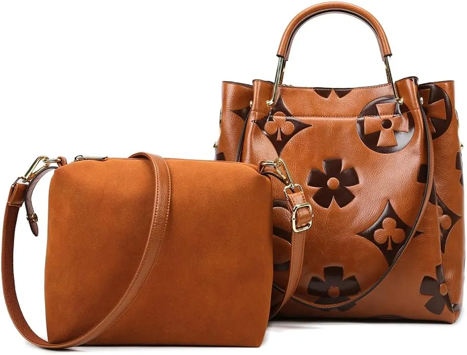 Top Handle Bucket Bag Floral Embossed Handbag Set Vintage Crossbody Bag Vegan Leather Shoulder Tote Bag with Zipper