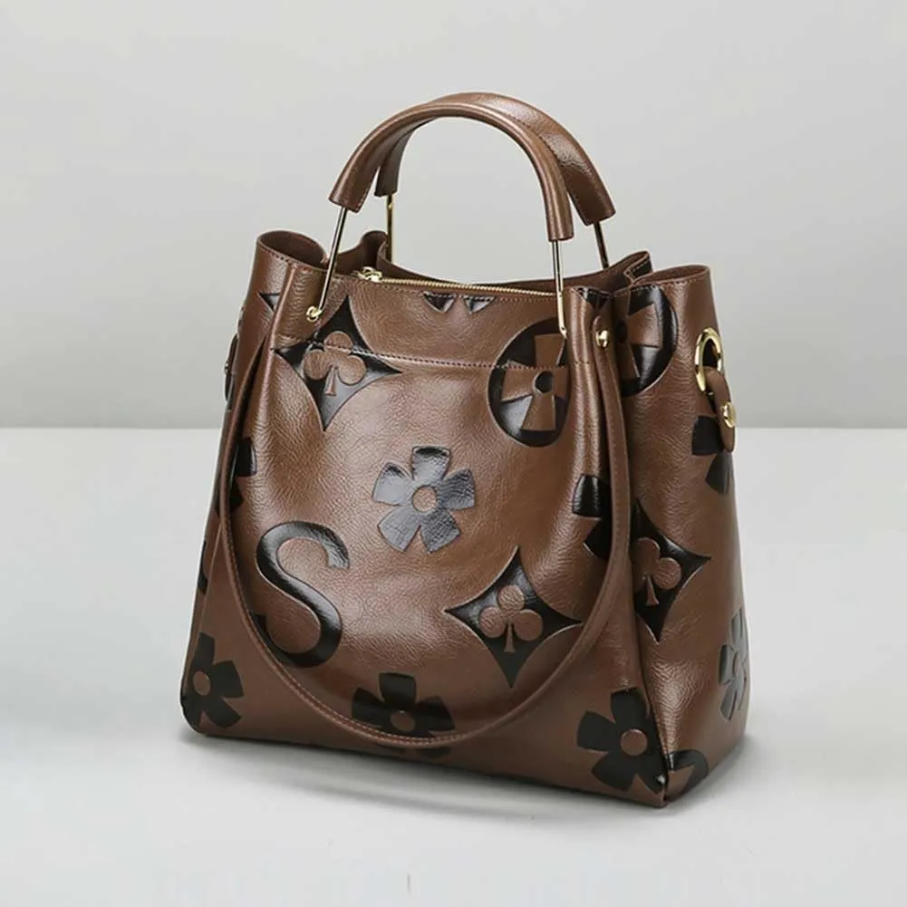 Top Handle Bucket Bag Floral Embossed Handbag Set Vintage Crossbody Bag Vegan Leather Shoulder Tote Bag with Zipper