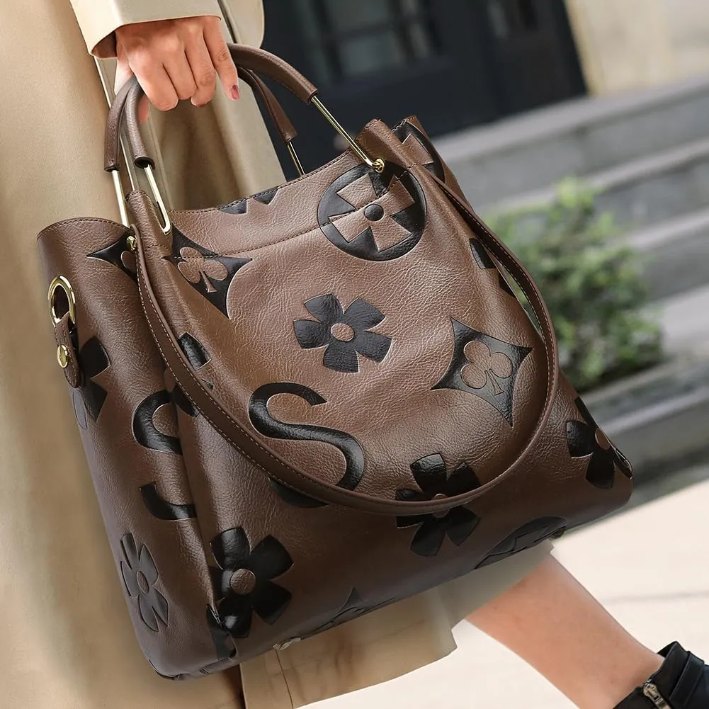 Top Handle Bucket Bag Floral Embossed Handbag Set Vintage Crossbody Bag Vegan Leather Shoulder Tote Bag with Zipper