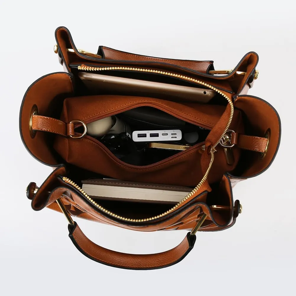 Top Handle Bucket Bag Floral Embossed Handbag Set Vintage Crossbody Bag Vegan Leather Shoulder Tote Bag with Zipper