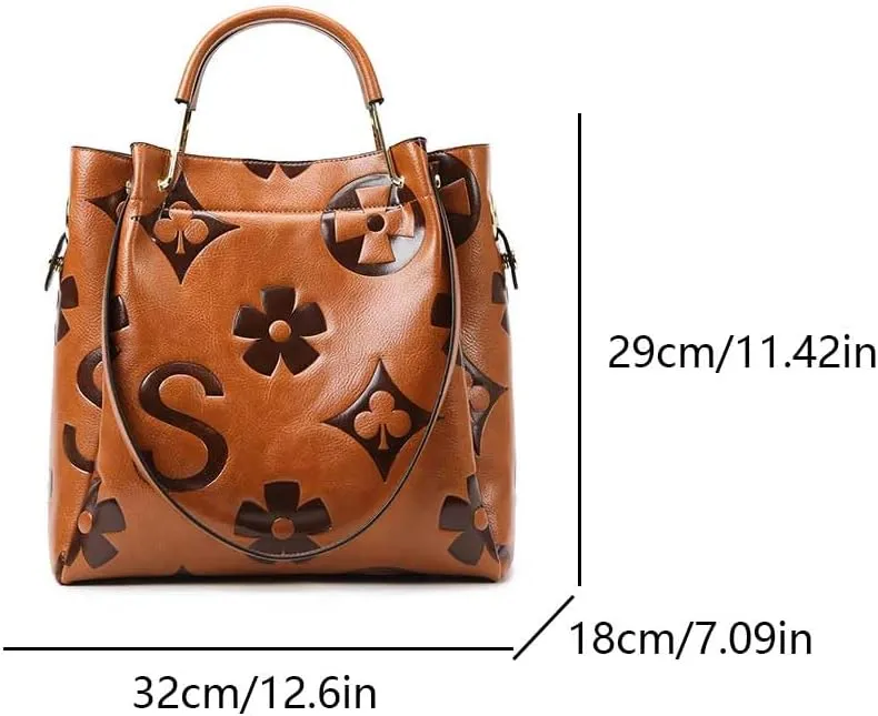 Top Handle Bucket Bag Floral Embossed Handbag Set Vintage Crossbody Bag Vegan Leather Shoulder Tote Bag with Zipper