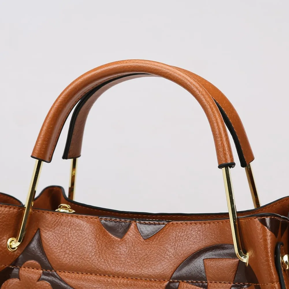 Top Handle Bucket Bag Floral Embossed Handbag Set Vintage Crossbody Bag Vegan Leather Shoulder Tote Bag with Zipper