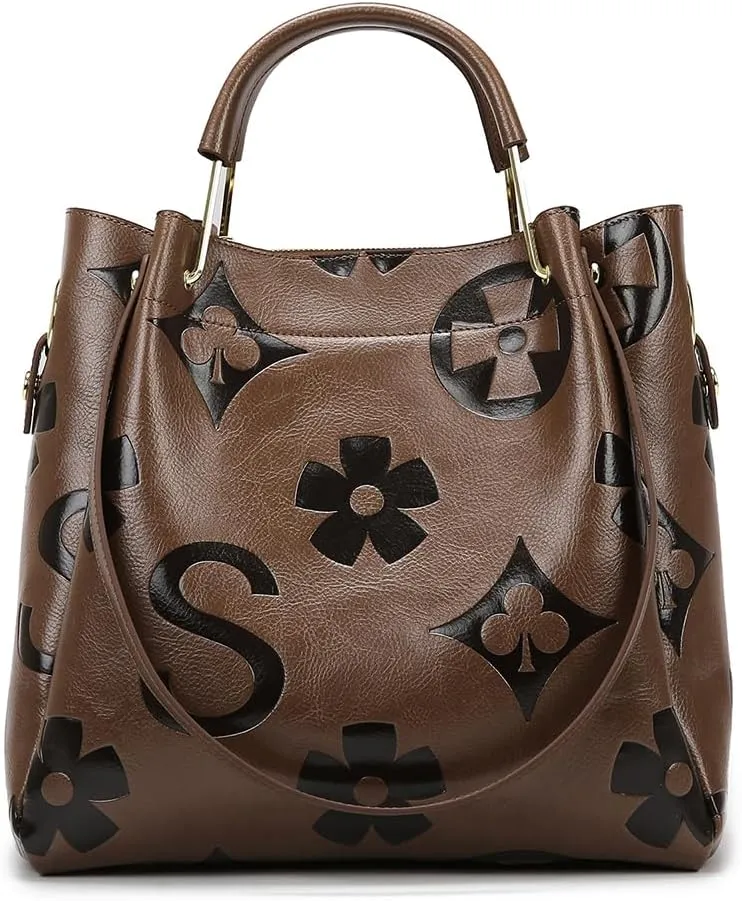Top Handle Bucket Bag Floral Embossed Handbag Set Vintage Crossbody Bag Vegan Leather Shoulder Tote Bag with Zipper
