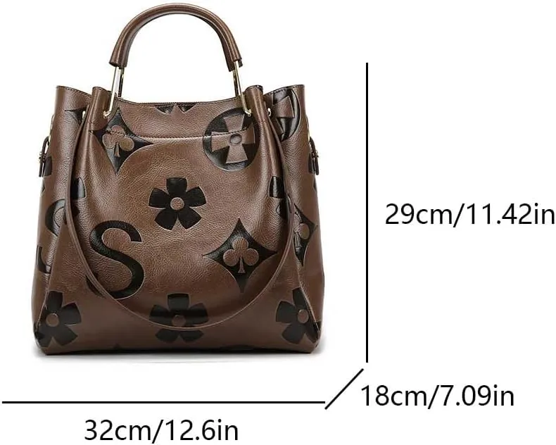 Top Handle Bucket Bag Floral Embossed Handbag Set Vintage Crossbody Bag Vegan Leather Shoulder Tote Bag with Zipper