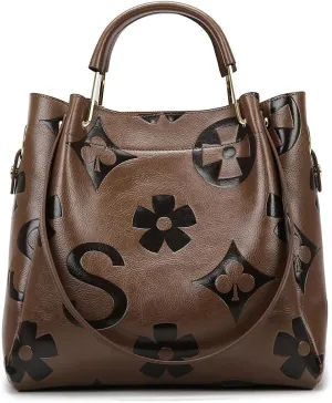 Top Handle Bucket Bag Floral Embossed Handbag Set Vintage Crossbody Bag Vegan Leather Shoulder Tote Bag with Zipper