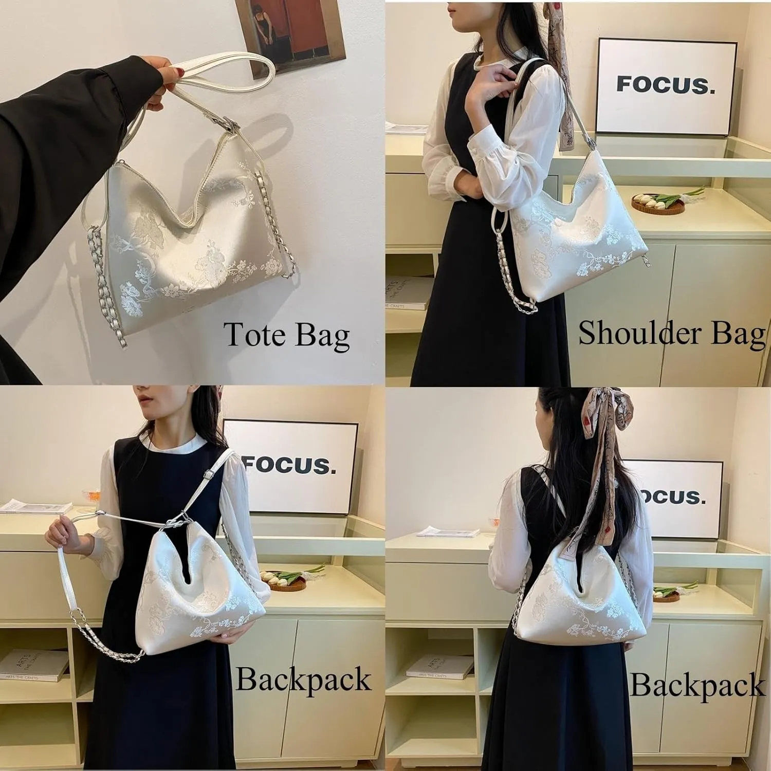 Tote Bag, Big Capacity Hobo Shoulder Handbag, Floral Satchel Purse Convertible Backpack