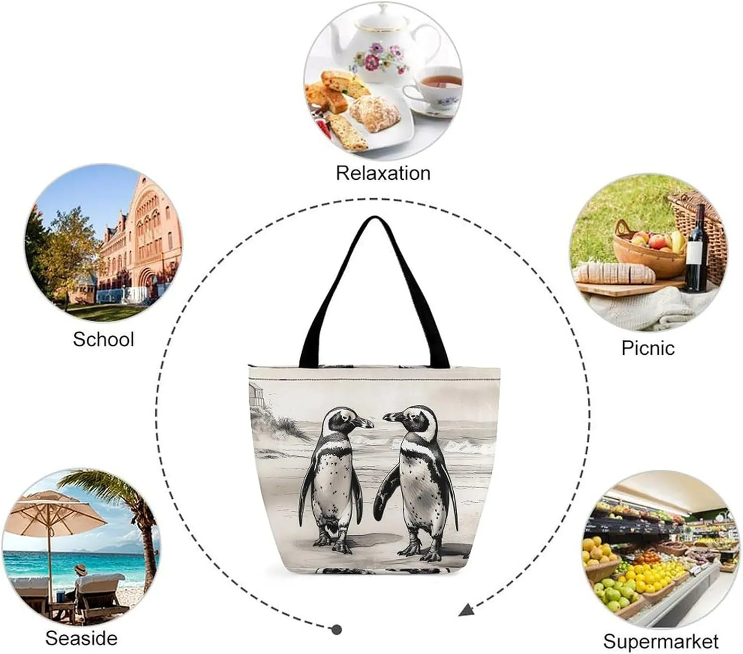 Tote Bag for Women Grocery Bag Illustration of Small City Foldable Shopping Bags Reusable Large Tote Bag