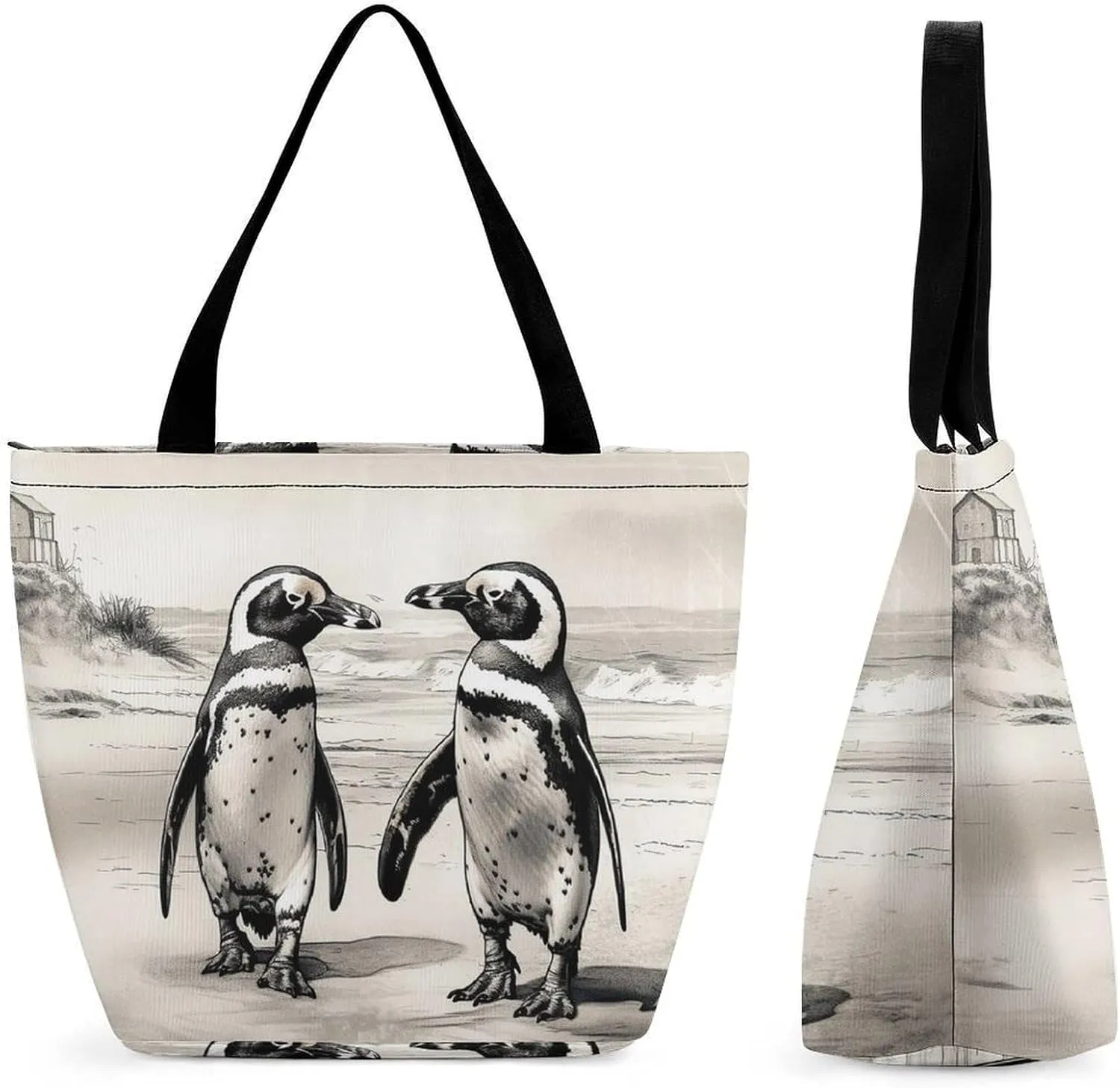 Tote Bag for Women Grocery Bag Illustration of Small City Foldable Shopping Bags Reusable Large Tote Bag