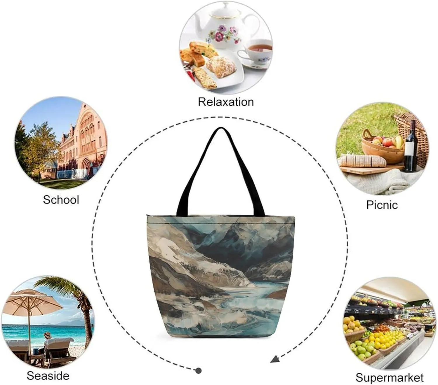 Tote Bag for Women Grocery Bag Illustration of Small City Foldable Shopping Bags Reusable Large Tote Bag